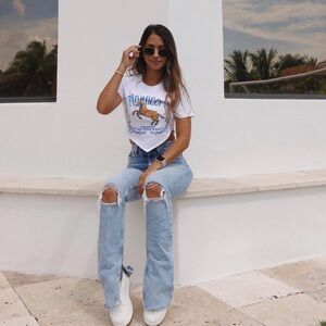 Zara High Rise Distressed Knee Raw Hem Medium Wash Flare Jeans 4